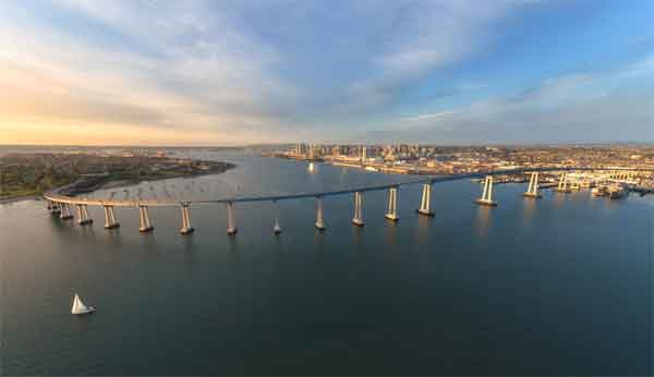 Coronado bridge to Coronado Island is a beautiful ride and vista popular with motorcycle riders and cyclists every year for Bike The Bay with car free bicycle ride..